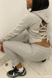 Grey Fashion Sexy Casual Blends Solid Bandage Backless Pullovers Pants Strap Design Hooded Collar Long Sleeve Regular Sleeve Regular Two Pieces