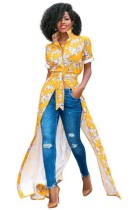 Yellow Fashion O-Neck Regular Short Print Long Blouses & Shirts