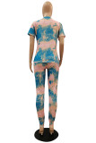Blue Polyester Fashion Casual adult Patchwork Print Tie Dye Two Piece Suits pencil Short Sleeve Two Pieces