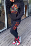 Black Fashion Casual Print Basic Hooded Collar Long Sleeve Two Pieces