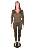Army Green Polyester Fashion adult Active Casual Lightly cooked Zippered Two Piece Suits pencil Long Sleeve