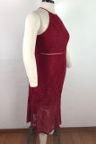 Wine Red Lace England Slip lace Solid Lace Trim Plus Size Dresses
