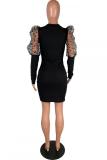 Black Sexy adult Fashion Cap Sleeve Long Sleeves O neck Pencil Dress Knee-Length Patchwork Mesh