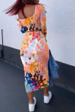 Yellow Sexy Print Patchwork Square Collar Half Sleeve Two Pieces