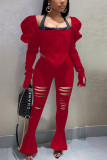 Red Fashion Sexy Solid Ripped Hollowed Out Square Collar Long Sleeve Two Pieces