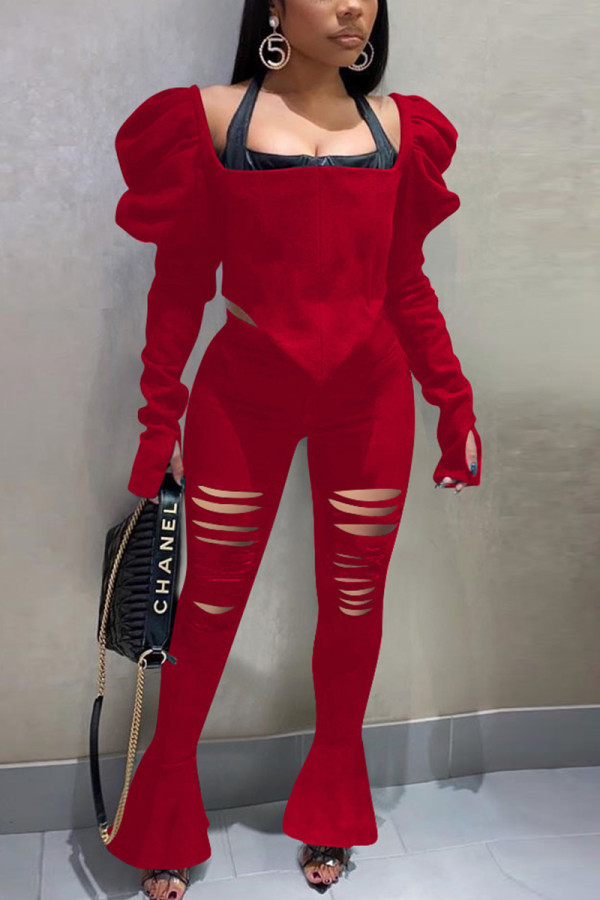 Red Fashion Sexy Solid Ripped Hollowed Out Square Collar Long Sleeve Two Pieces