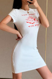 White Fashion Casual Regular Sleeve Short Sleeve O Neck Short Sleeve Dress Knee Length Print Dresses