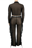 Black Fashion Sexy Solid Patchwork See-through Turtleneck Plus Size Two Pieces