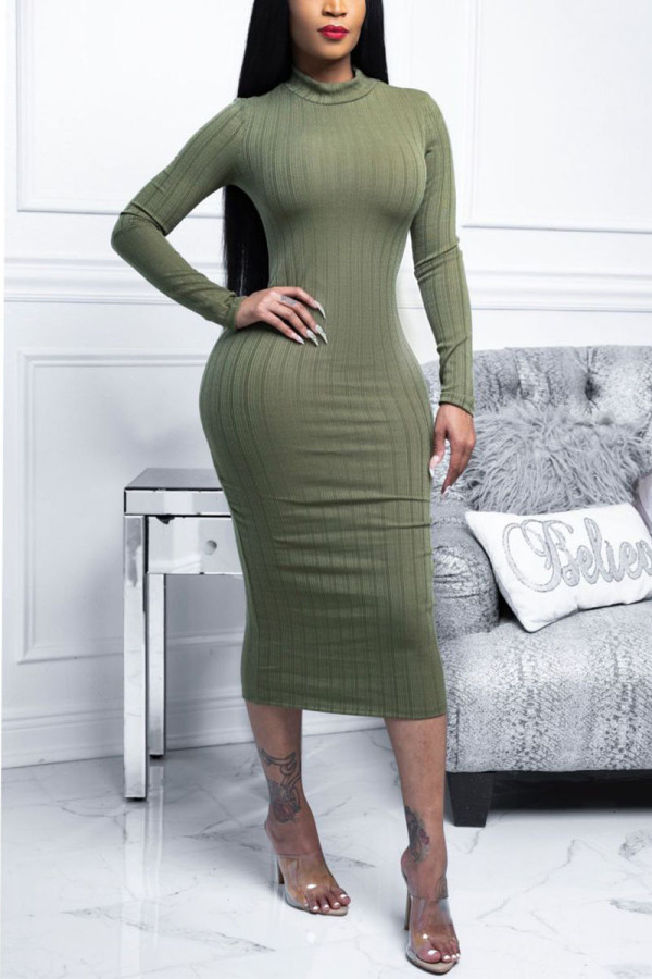 Green Work Daily Solid Patchwork O Neck Pencil Skirt Dresses