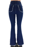 Green Denim Zipper Fly High Patchwork washing Zippered Boot Cut Pants Bottoms