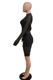 Blue Sexy Solid See-through Mesh Half A Turtleneck Pencil Skirt Dresses