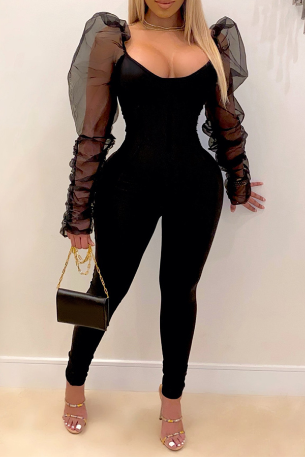 Black Sexy Solid Mesh U Neck Skinny Jumpsuits