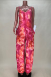 Rose Red Sexy Casual Print Tie Dye Backless Spaghetti Strap Loose Jumpsuits