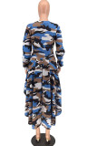 Blue Sweet Long Sleeves O neck Swagger Knee-Length Print Patchwork Leopard camouflage asymmetrical Dresses