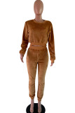 Brown Casual Two Piece Suits Patchwork pencil Long Sleeve Two-piece Pants Set