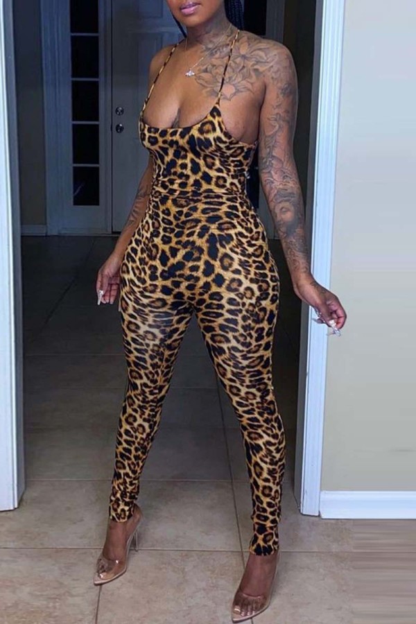 Leopard Print Sexy Print Leopard Backless Strap Design Spaghetti Strap Skinny Jumpsuits