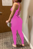 Pink Fashion Sexy Solid Backless Strap Design One Shoulder Skinny Jumpsuits
