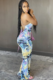 multicolor Casual Tie-dyed Backless Sleeveless Hanging neck Jumpsuits
