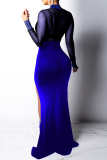 Blue Sexy Print High Opening Mesh O Neck Irregular Dress Dresses