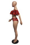 Yellow Sexy Print Split Joint Flounce Swimwears