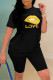 Black Fashion Casual Letter Lips Printed Basic O Neck Short Sleeve Two Pieces