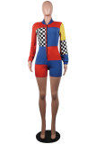 Multi-color Polyester Elastic Fly Long Sleeve Mid Patchwork Asymmetrical Loose shorts Two-piece suit