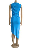 Light Blue Casual Sleeveless O neck Asymmetrical Mid-Calf Draped ruffle asymmetrical Dresses