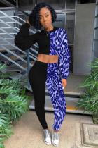 Blue Polyester adult Casual Fashion Print asymmetrical Patchwork Two Piece Suits Leopard Straight Long Sl
