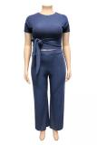 Blue Fashion adult Sexy O Neck Solid Two Piece Suits Bandage