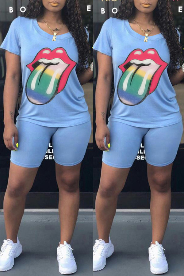 Light Blue Fashion Casual Lips Printed Basic O Neck Short Sleeve Two Pieces