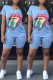 Light Blue Fashion Casual Lips Printed Basic O Neck Short Sleeve Two Pieces