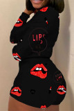 Black Sweet Lips Print Straight Long Sleeve Two Pieces