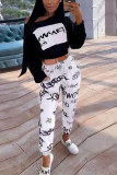 White Casual Polyester Print Letter Oblique Collar Long Sleeve One Shoulder Short Two Pieces