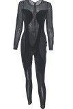 Red Fashion Sexy Patchwork Solid See-through O Neck Skinny Jumpsuits