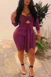 Purple Fashion Sexy Solid Hollowed Out Fold V Neck Long Sleeve Dress