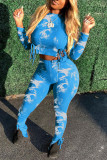 Grey Fashion Casual Print Tie Dye Tie-dye O Neck Long Sleeve Regular Sleeve Short Two Pieces
