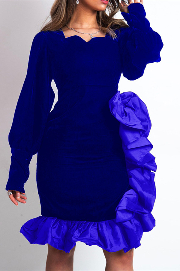 Blue Fashion Casual Solid Patchwork Square Collar Evening Dress