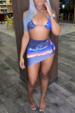 Blue Fashion Sexy Print Backless Halter Sleeveless Two Pieces