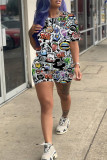 White Fashion Casual Print Basic O Neck Short Sleeve Two Pieces
