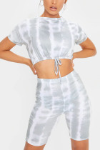 Grey Polyester Fashion Sexy adult Ma'am Print Two Piece Suits pencil Short Sleeve Two Pieces
