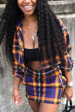 Blue Fashion Sexy Plaid Print Turndown Collar Long Sleeve Two Pieces