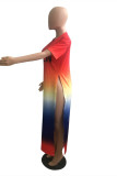 Red Sexy Casual Gradual Change Letter Print Slit O Neck Short Sleeve Dress