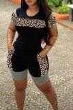 Grey Polyester Casual Leopard Patchwork Straight Short Sleeve Two Pieces