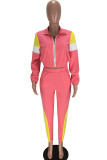 Pink Polyester Active Casual Europe and America Patchwork Solid contrast color pencil Long Sleeve Two Pieces
