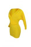 Red Fashion adult Casual Cap Sleeve Long Sleeves V Neck Step Skirt Mini Patchwork Solid Beadin
