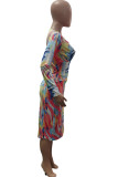 Multi-color Milk. Fashion Casual adult Ma'am Cap Sleeve Long Sleeves V Neck Step Skirt Knee-Length Print Dresses
