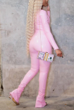 Pink Street Solid Patchwork O Neck Long Sleeve Two Pieces