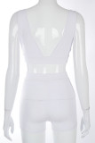 White Sexy Solid Embroidered Backless V Neck Sleeveless Two Pieces
