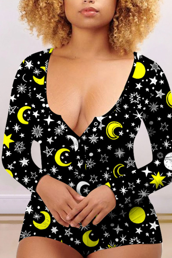 Black Street Print Buttons V Neck Regular Rompers