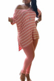 tangerine Polyester Fashion Active adult Ma'am V Neck Striped Two Piece Suits Stripe Plus Size